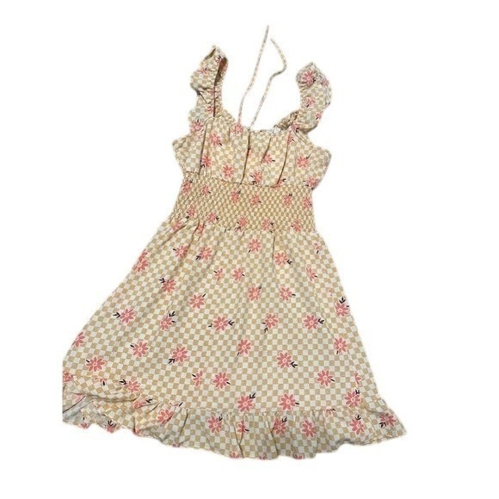 Floral‎ Checkered Mini Dress Smocked Ruffle Trim Tie Strap Sundress